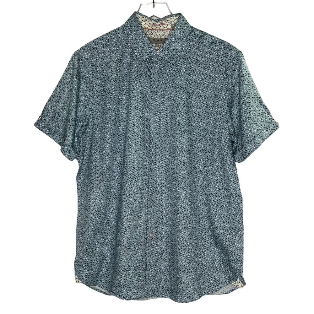 Ted Baker L Mens Slim Fit Short Sleeve Button Front Print Shirt Blue Travel